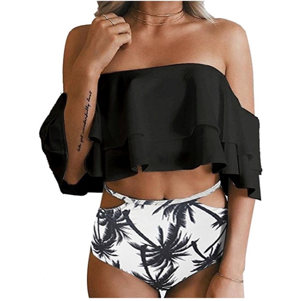 Ruffled Top High-Waisted Bikini Bl/Wh